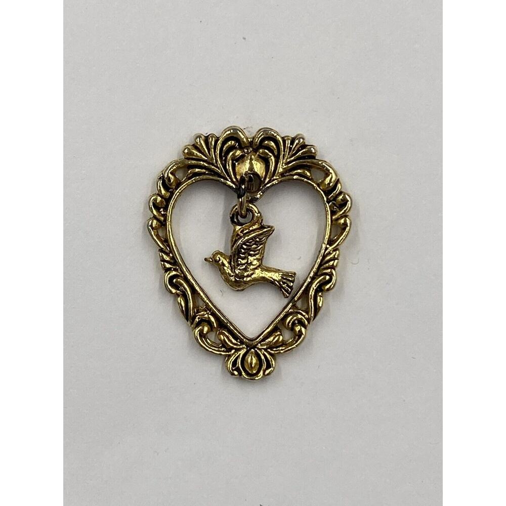 Vintage Gold Colored Heart Shaped Lapel Pin Flying Bird In Middle Brooch